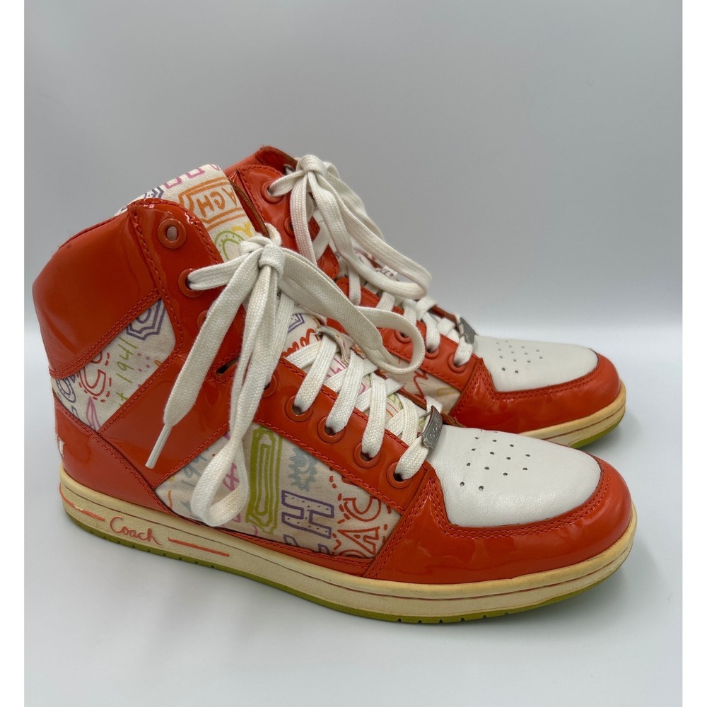Coach Norra Orange Patent Leather Graffiti Doodle High Top Sneakers Q388 9.5M - Picture 8 of 8